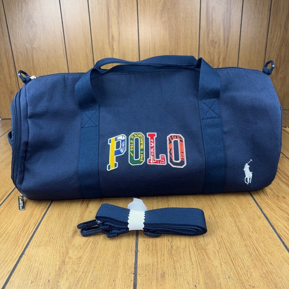 Polo Ralph Lauren Navy Blue Duffle Bag Travel Gym Carry On Multicolor Logo - Picture 1 of 12